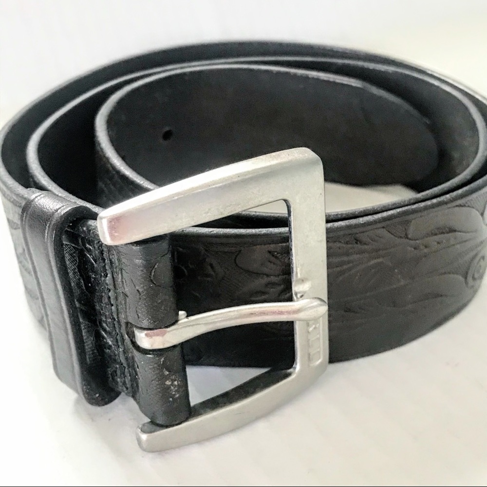 RALPH LAUREN Black Tooled Leather Belt w/Silver L